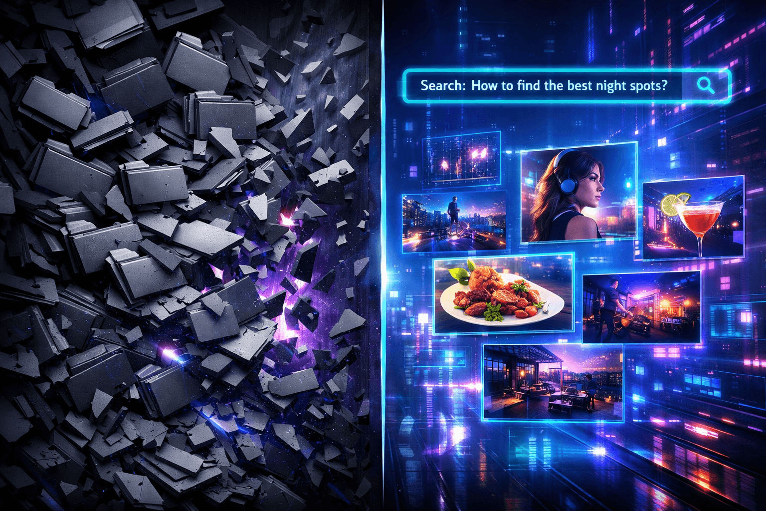 Comparison of traditional folder hierarchy versus semantic search discovering related content