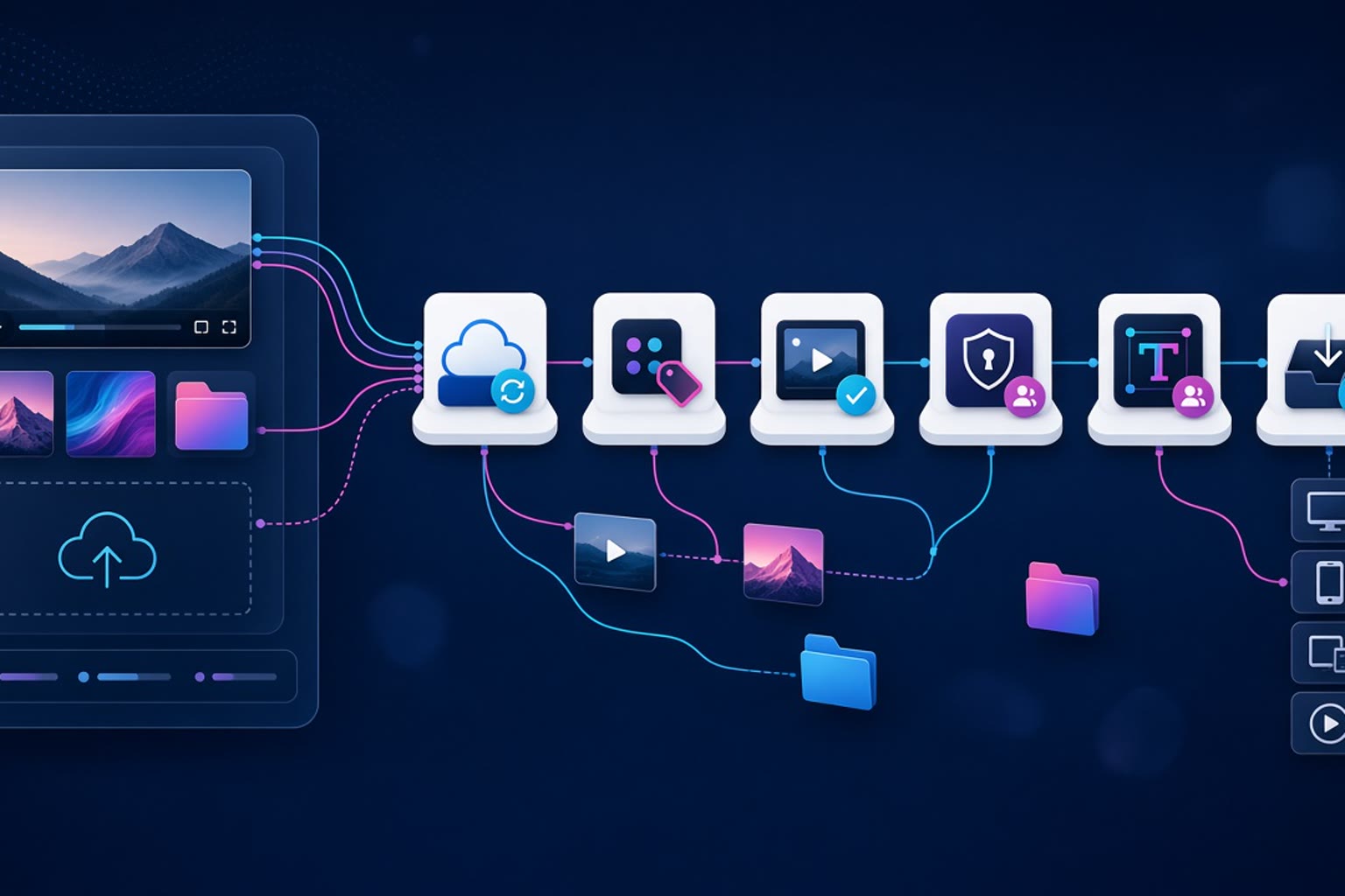Connected media asset management workflow showing storage, metadata, review, permissions, transformation, and delivery stages